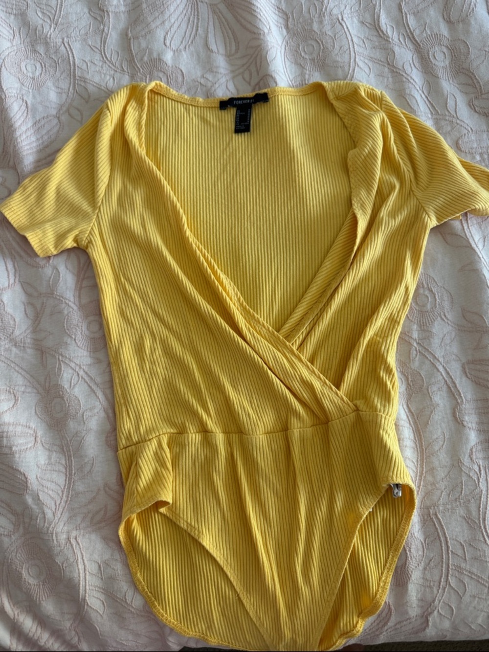 Forever 21 Yellow Ribbed Wrap-Front Bodysuit